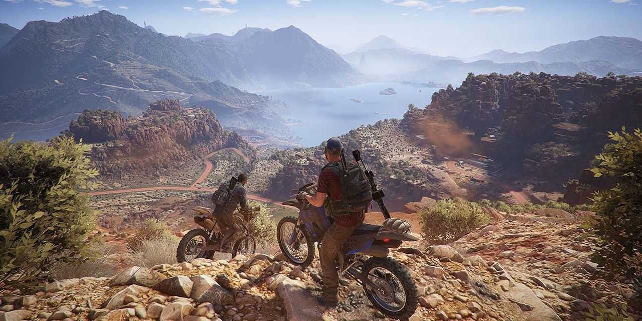 Two ghost motorcyclists atop a Bolivian mountain in Tom Clancy's Ghost Recon: Wildlands