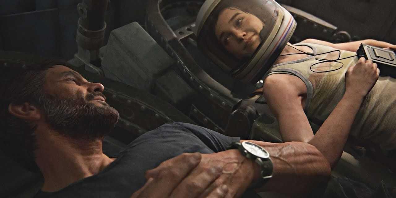 JOEL E ELLIE deitam-se um ao lado do outro enquanto ela usa um capacete no último de nós Cropped