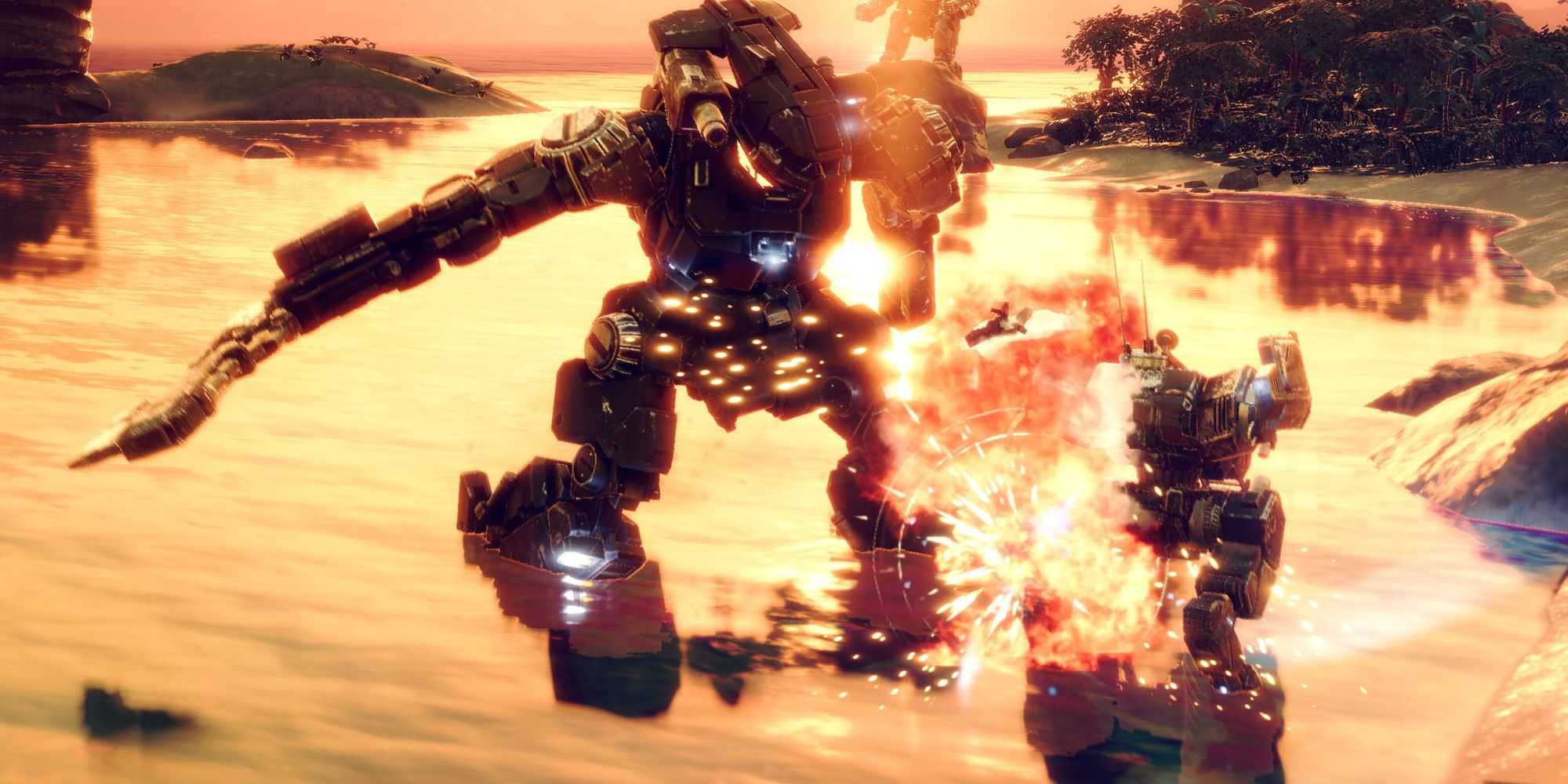 Mech slicing through another mech in BattleTech videogame