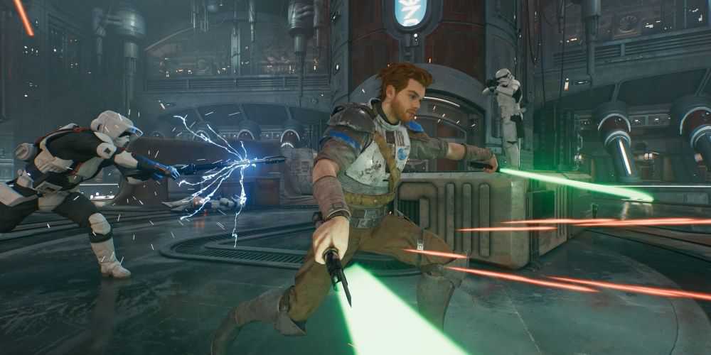 cal kestis with two lightsabers fighting stormtroopers