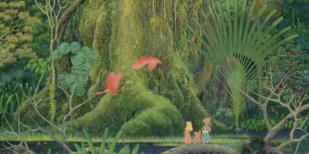 Trio Secret of Mana olhando para uma enorme árvore de mana