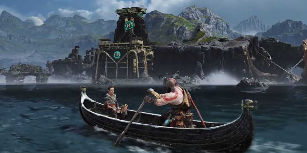 Kratos And Atreus Sailing Across The Lake Of Nine