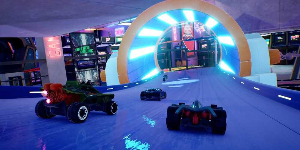 3 Cars Racing Through An Arcade