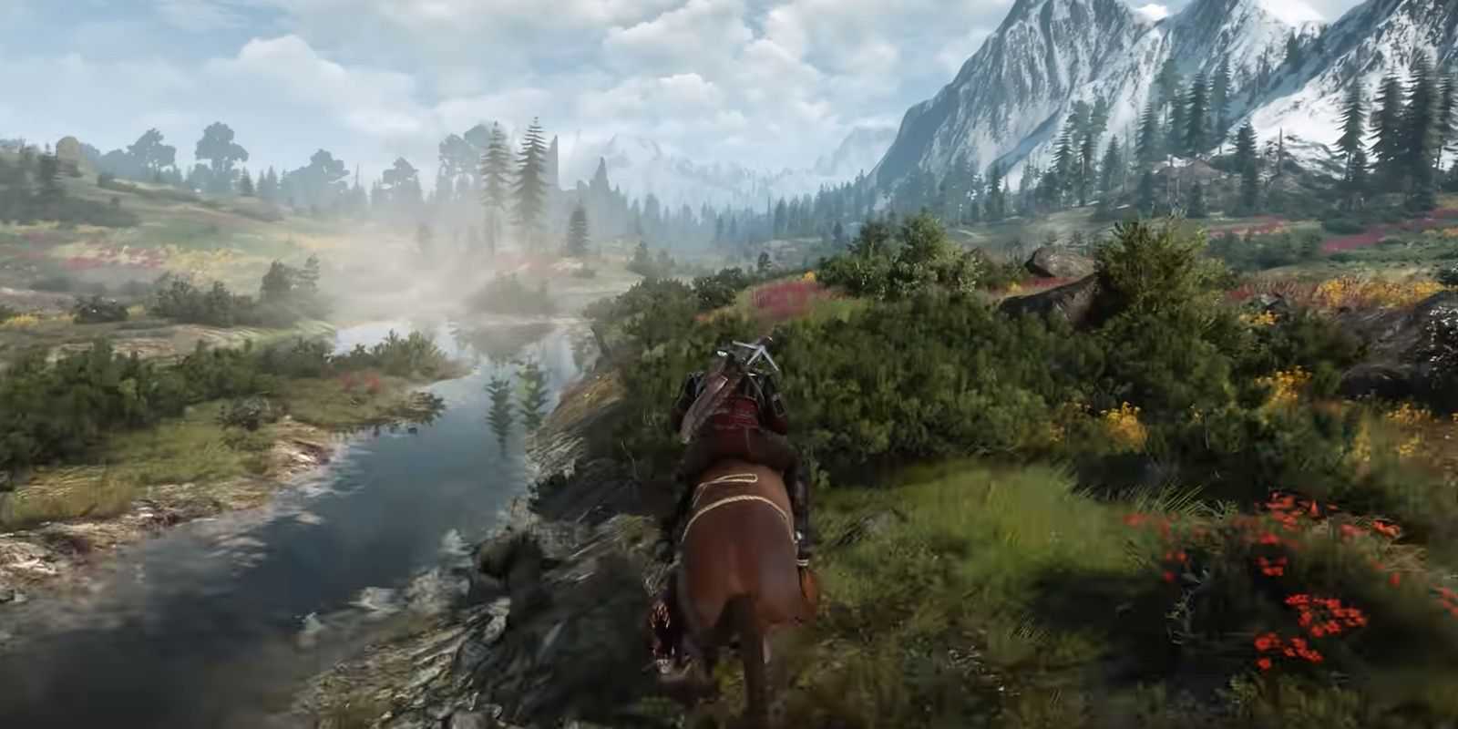 geralt of rivia on his horse riding towards a mountain