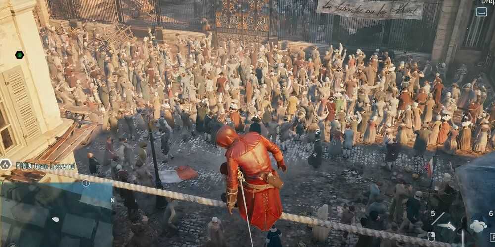 Arno standing on a biplane looking at a large crowd of people on the street 