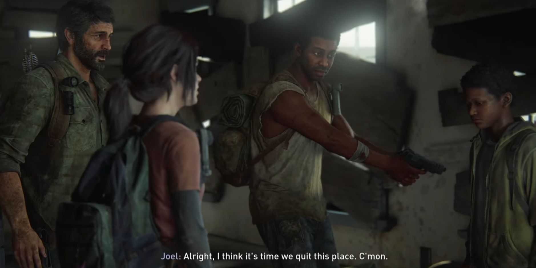 Joel falando com Ellie, Sam e Henry em The Last of Us Parte 1, Capítulo 6 Cortado