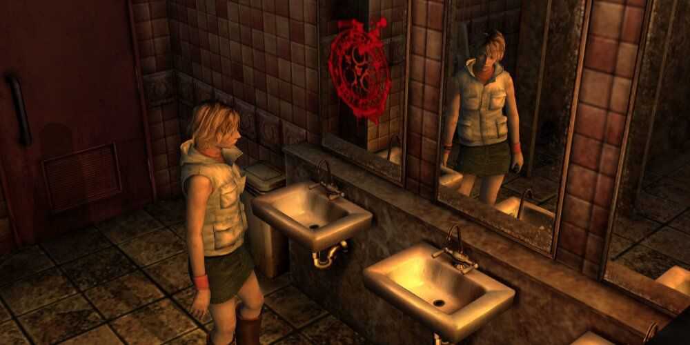 Heather olhando para um espelho com um save point vermelho no espelho em Silent Hill 3