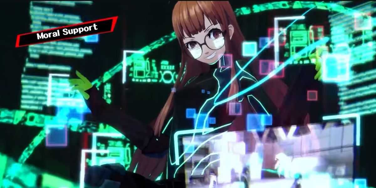 futaba em frente a uma tela de tecnologia em persona 5 royal