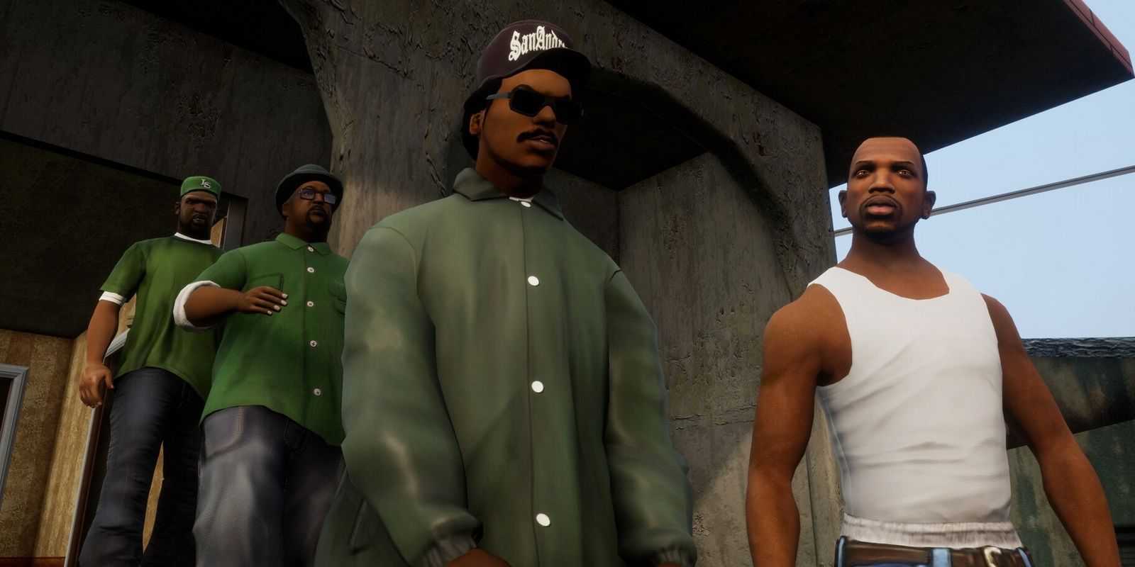 grove street gang standing under a bridge