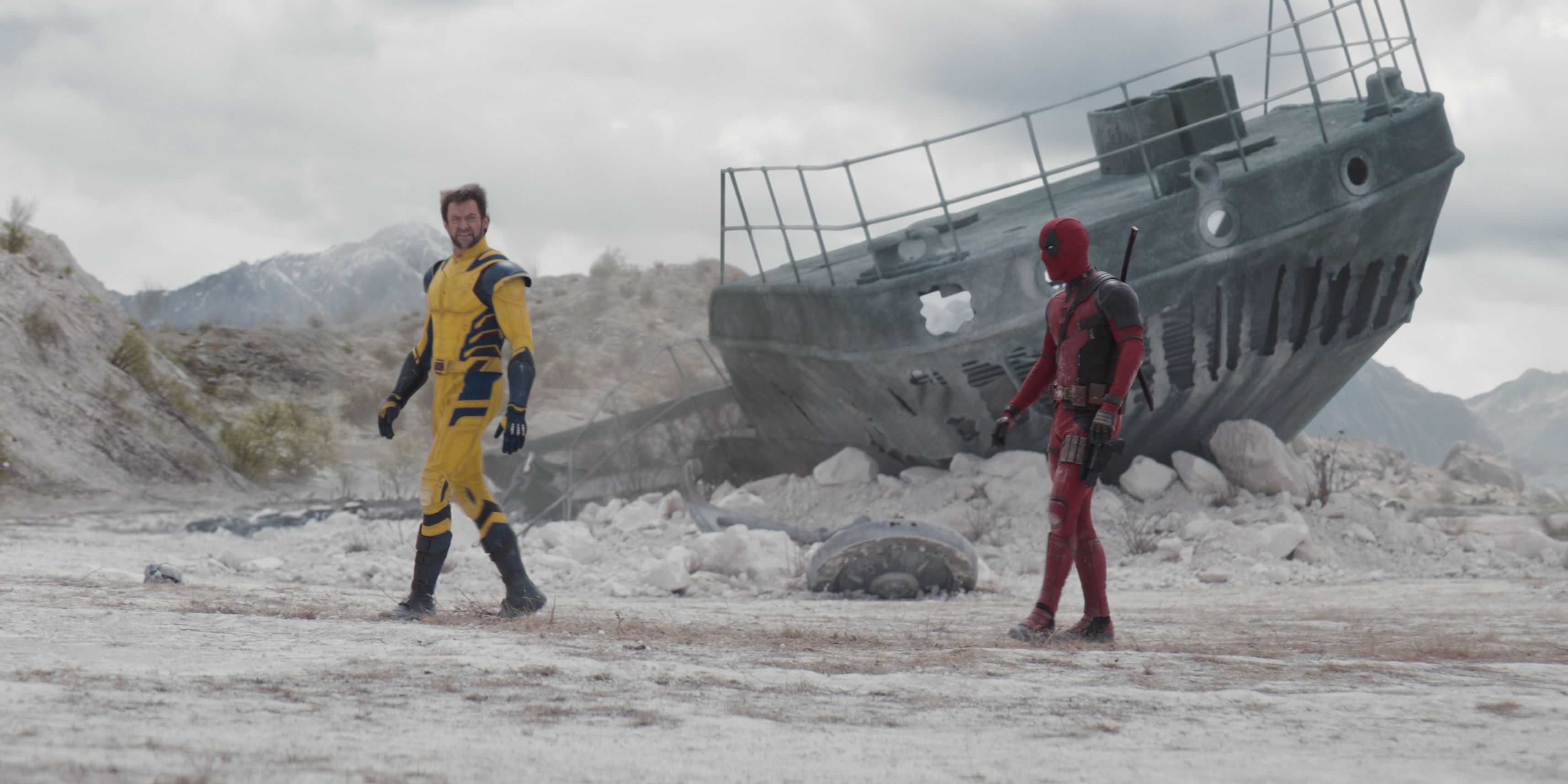 Deadpool & Wolverine Deadpool and Wolverine in front of a ship in the wasteland Cropped