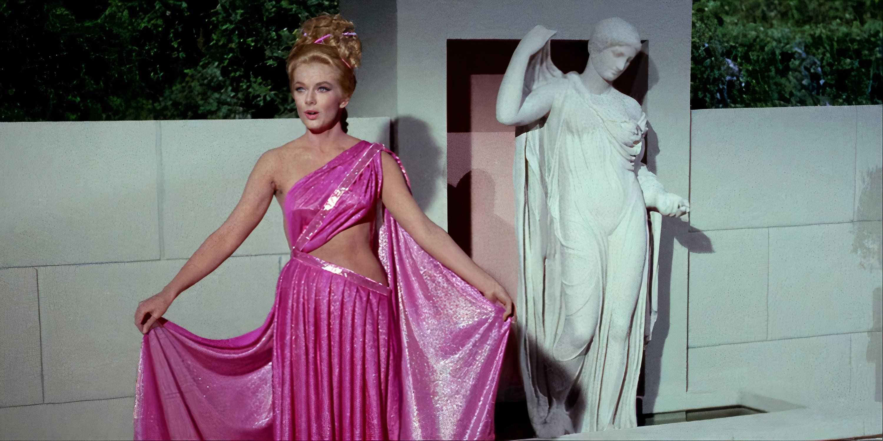 Who Mourns For Adonais pink dress with statue cropped