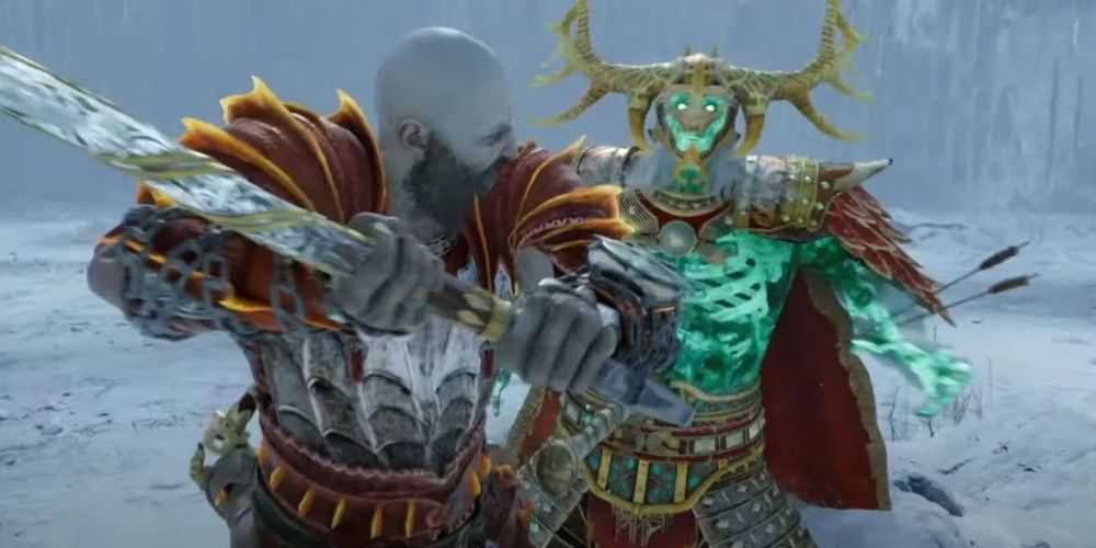 Kratos lutando contra o rei Hrolf Kraki em God of War Ragnarok