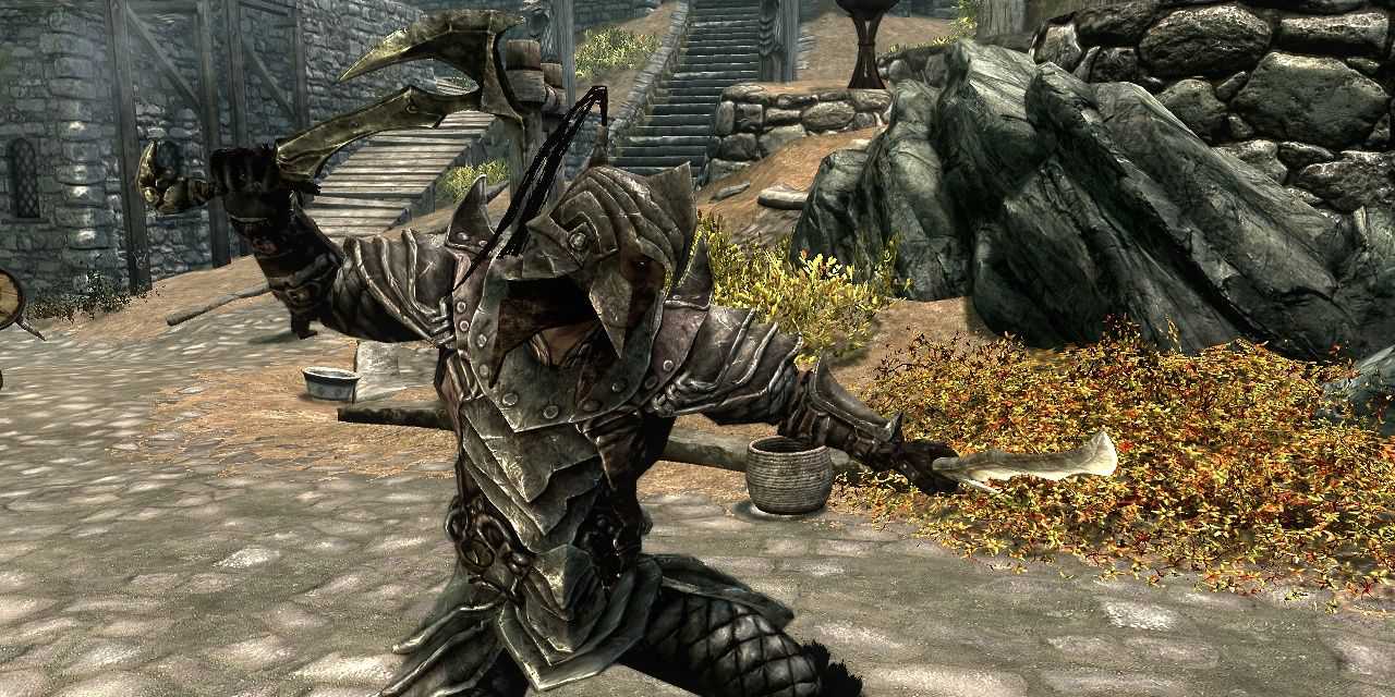 Um guerreiro empunhando duas adagas orcs em Skyrim