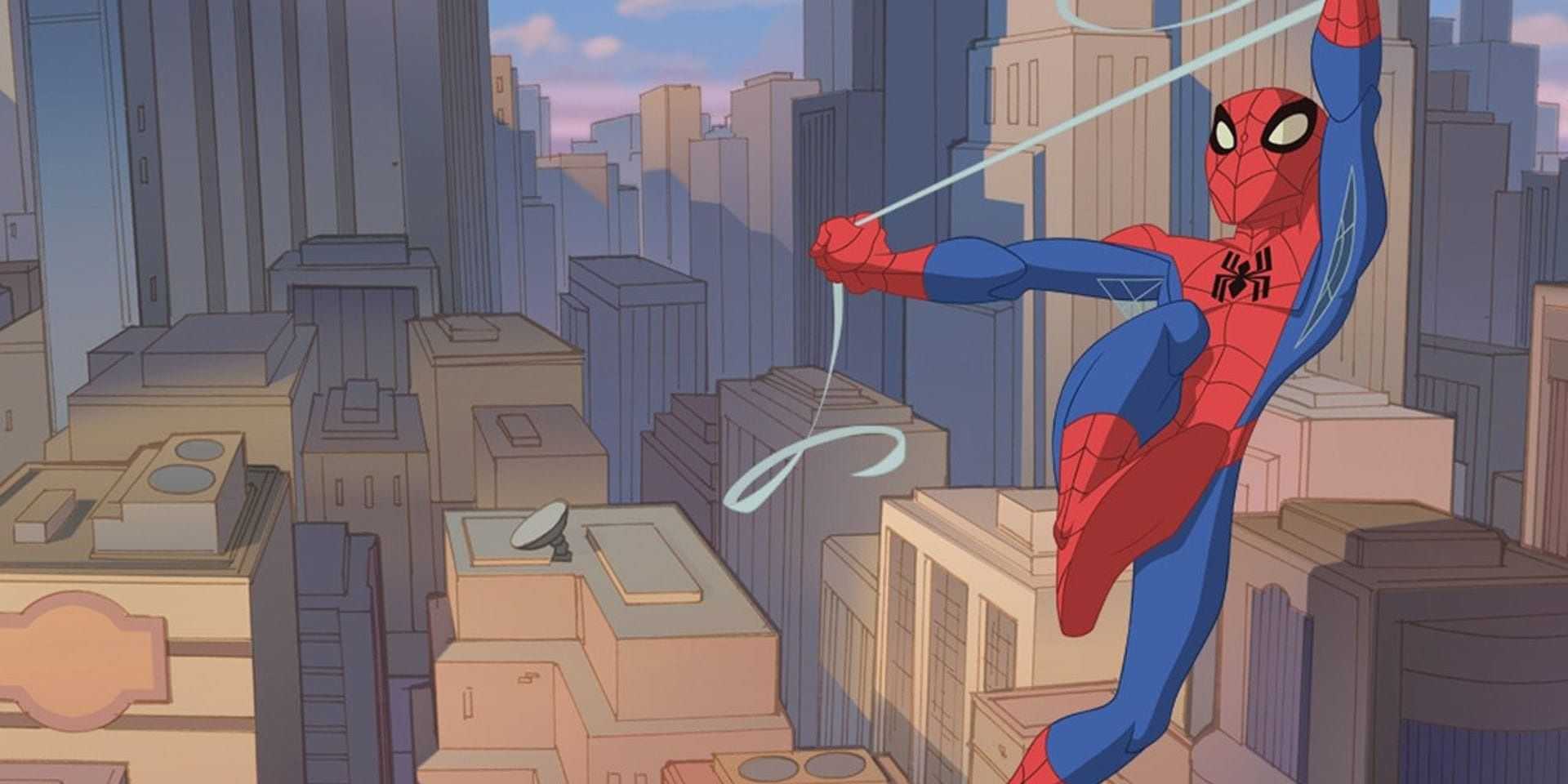 Spider-Man (right) swinging against a backdrop of New York City. Image source: gogoAnime.wtf