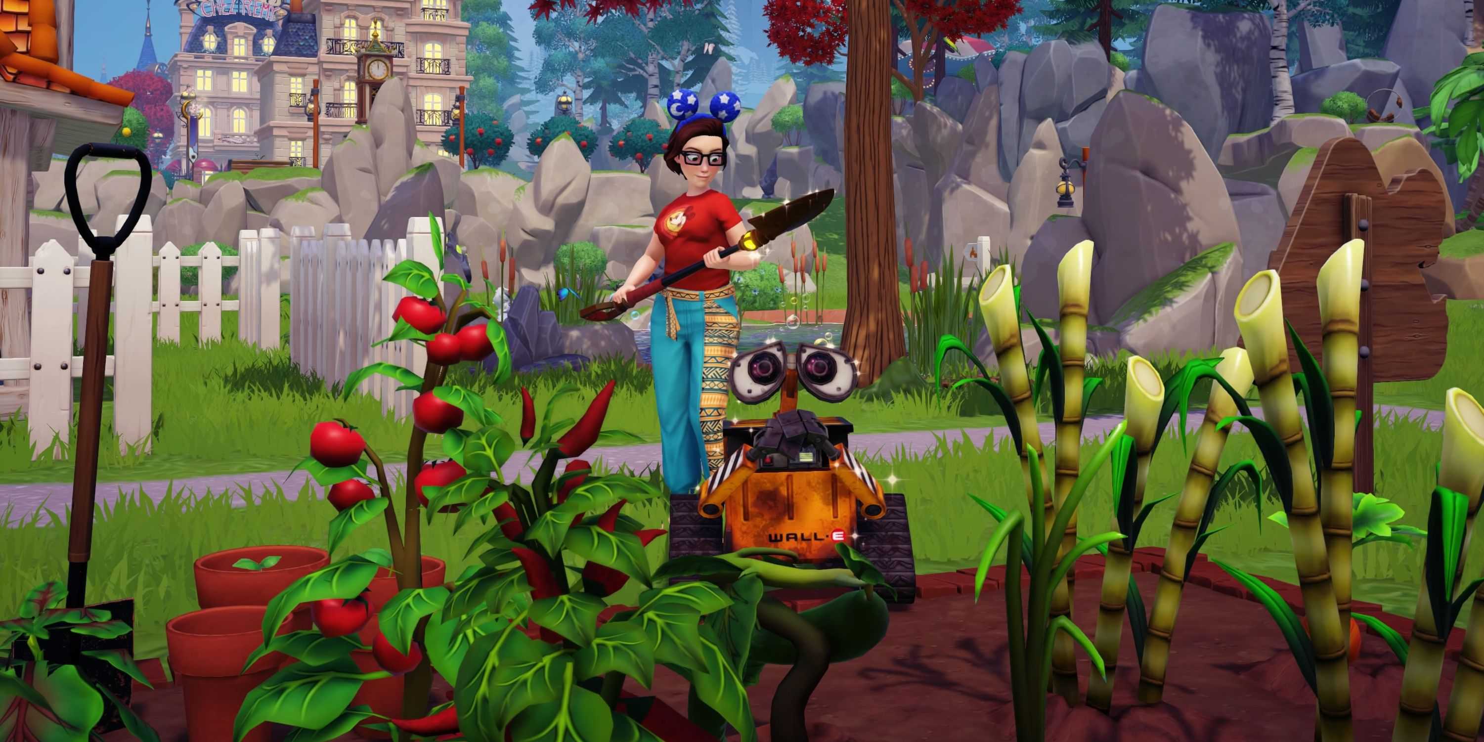 Player holding shovel next to Wall-E and vegetable garden