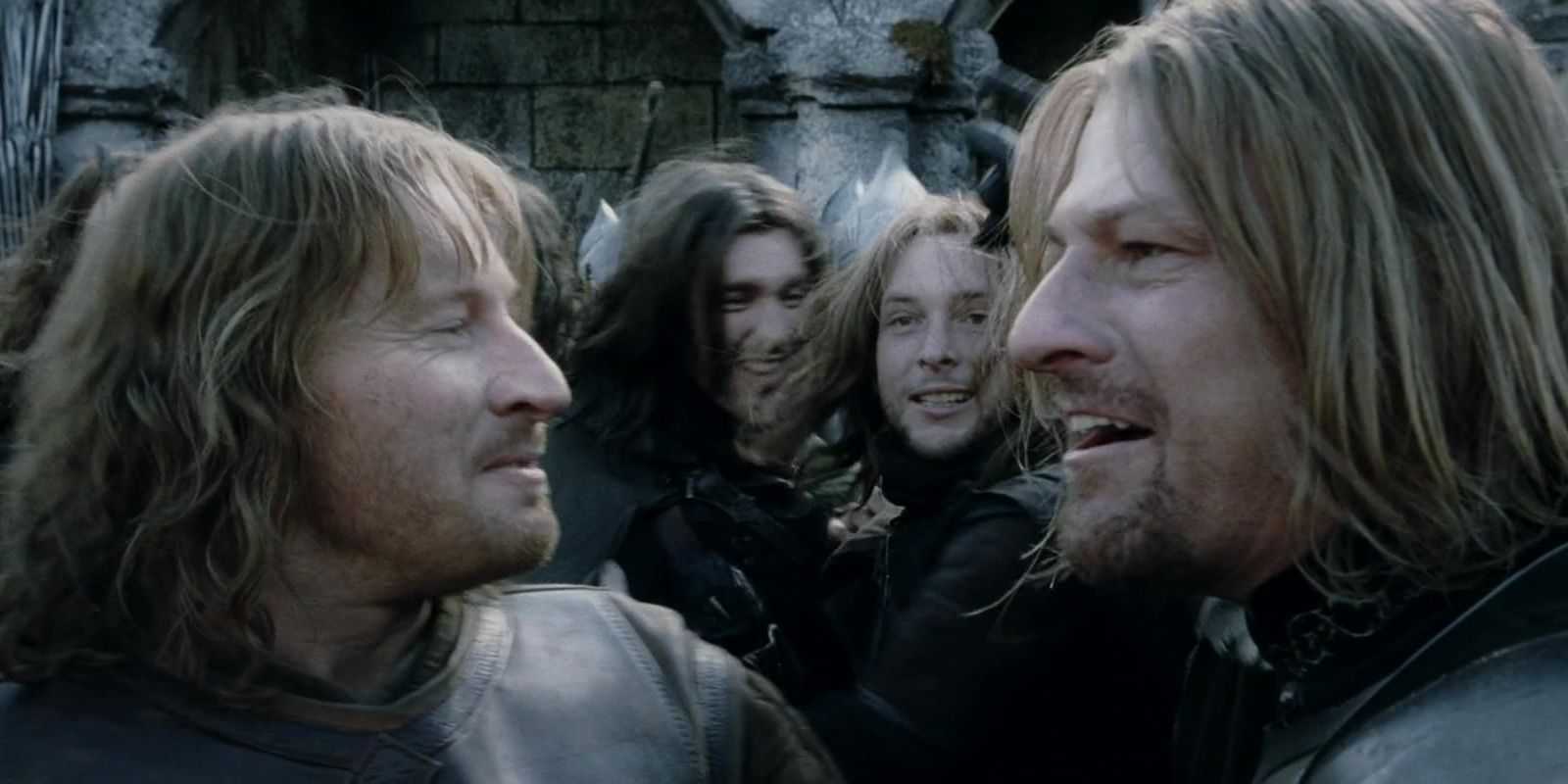 Boromir and Faramir facing each other in a crowd