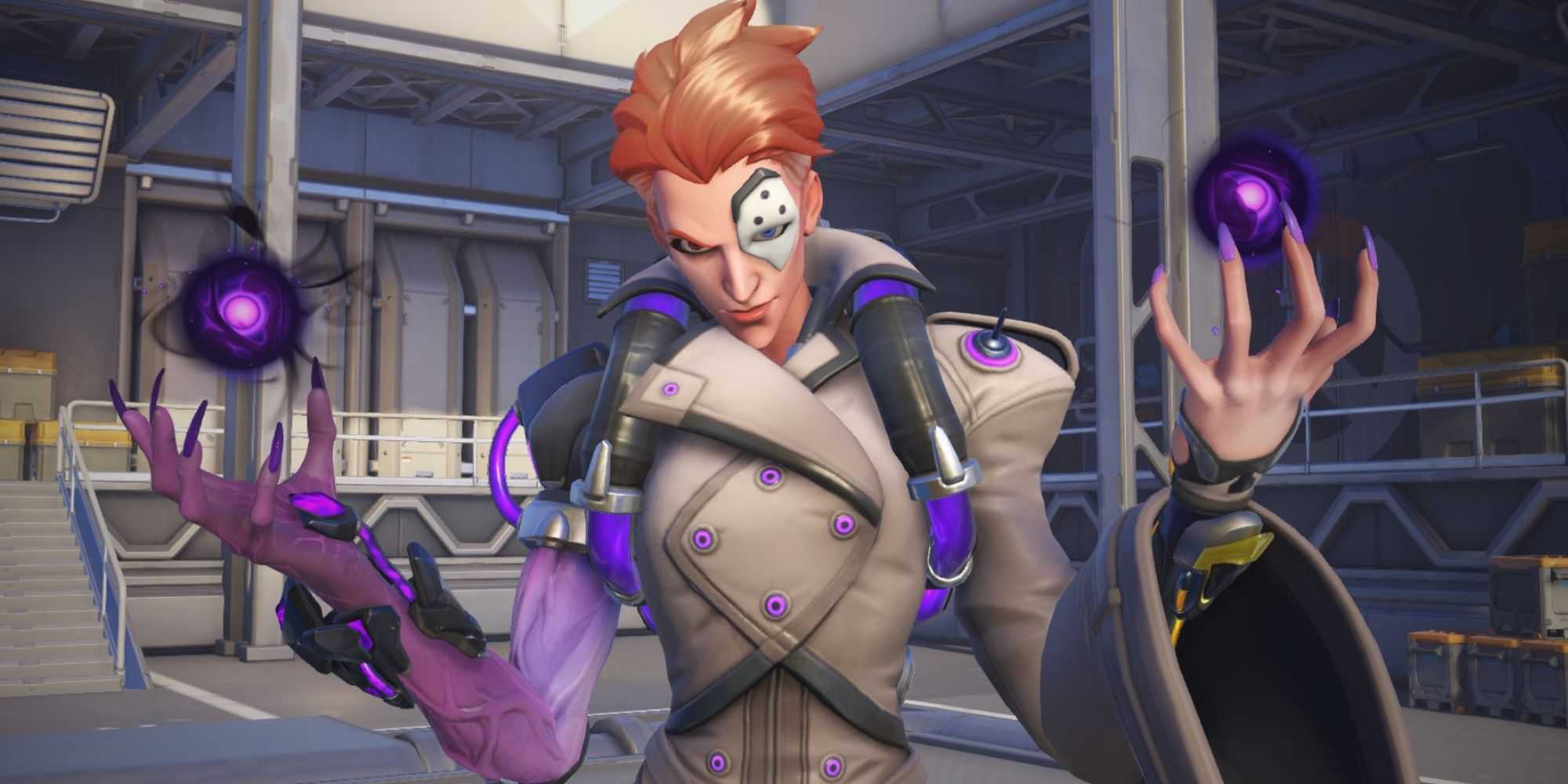 Moira from Overwatch 2 holds two biotic orbs in her hands