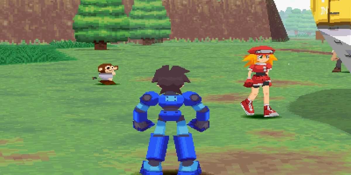 mega man volnutt em um campo com rolo de caixão