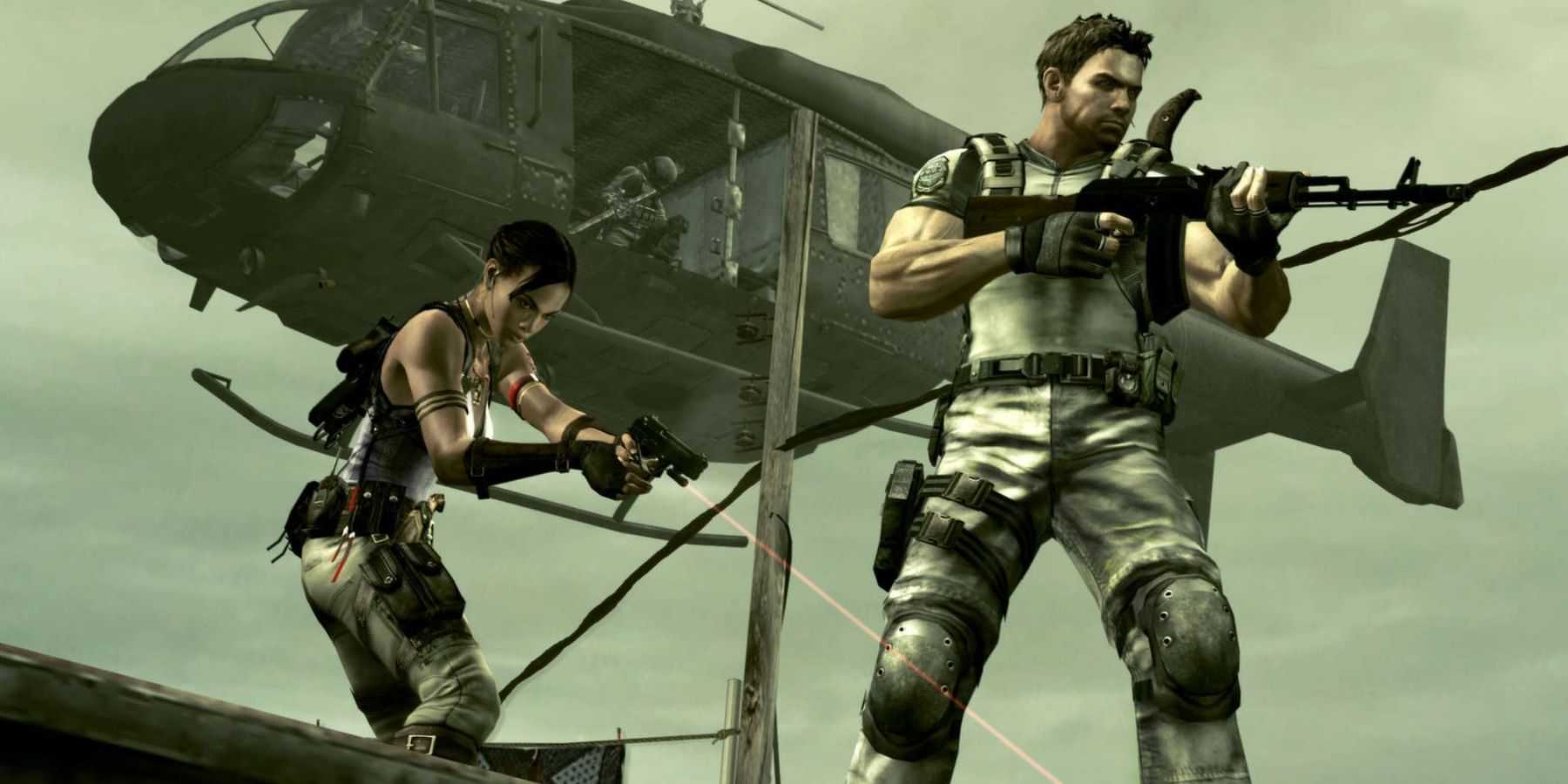 chris and sheva standing in front of a helicopter in resident evil 5