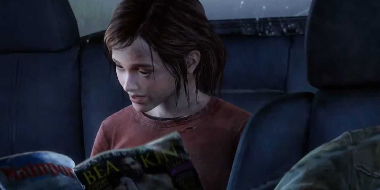 Ellie folheando a revista de Bill em The Last of Us