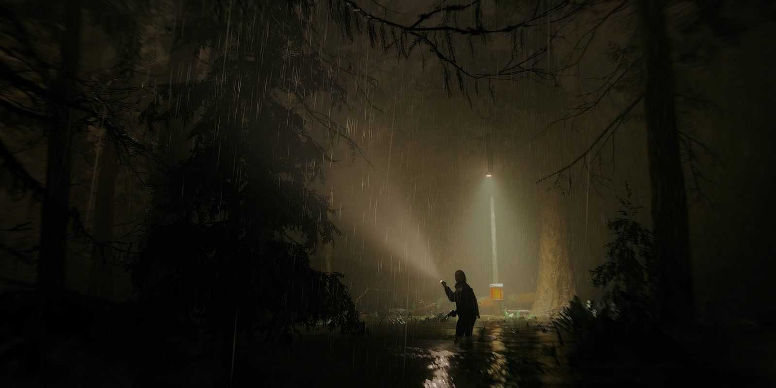 saga anderson standing in front of a light shaft in alan wake 2