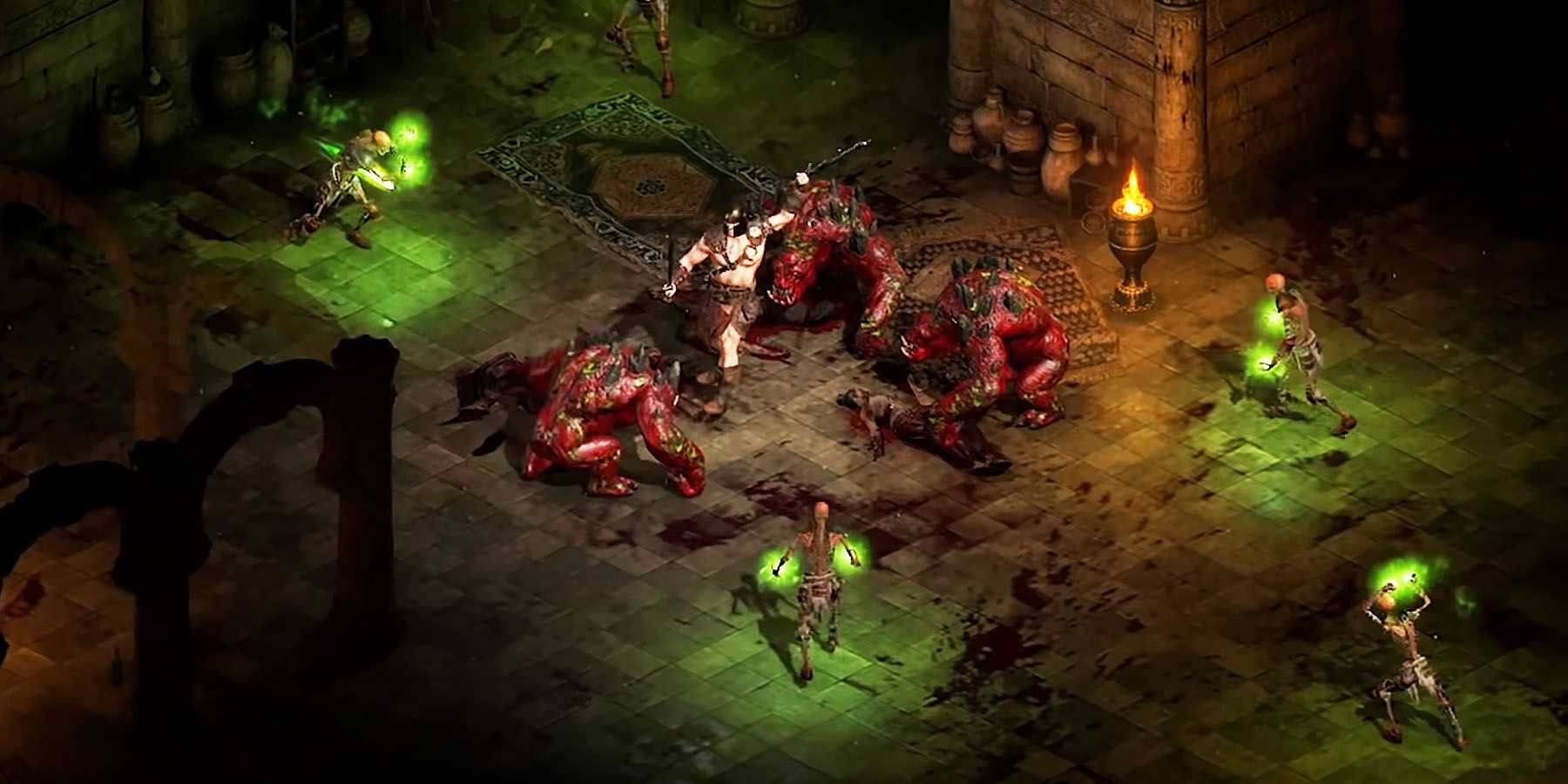 Um bárbaro atacando inimigos corpo a corpo em Diablo 2 Resurrected