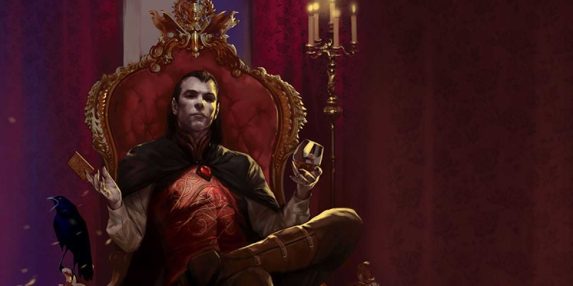 Capa da Wizards of the Coast Casa de Strahd O Senhor do Medo Strahd estava sentado em seu trono, com uma carta de tarô em uma mão e uma taça do que poderia ser vinho na outra.