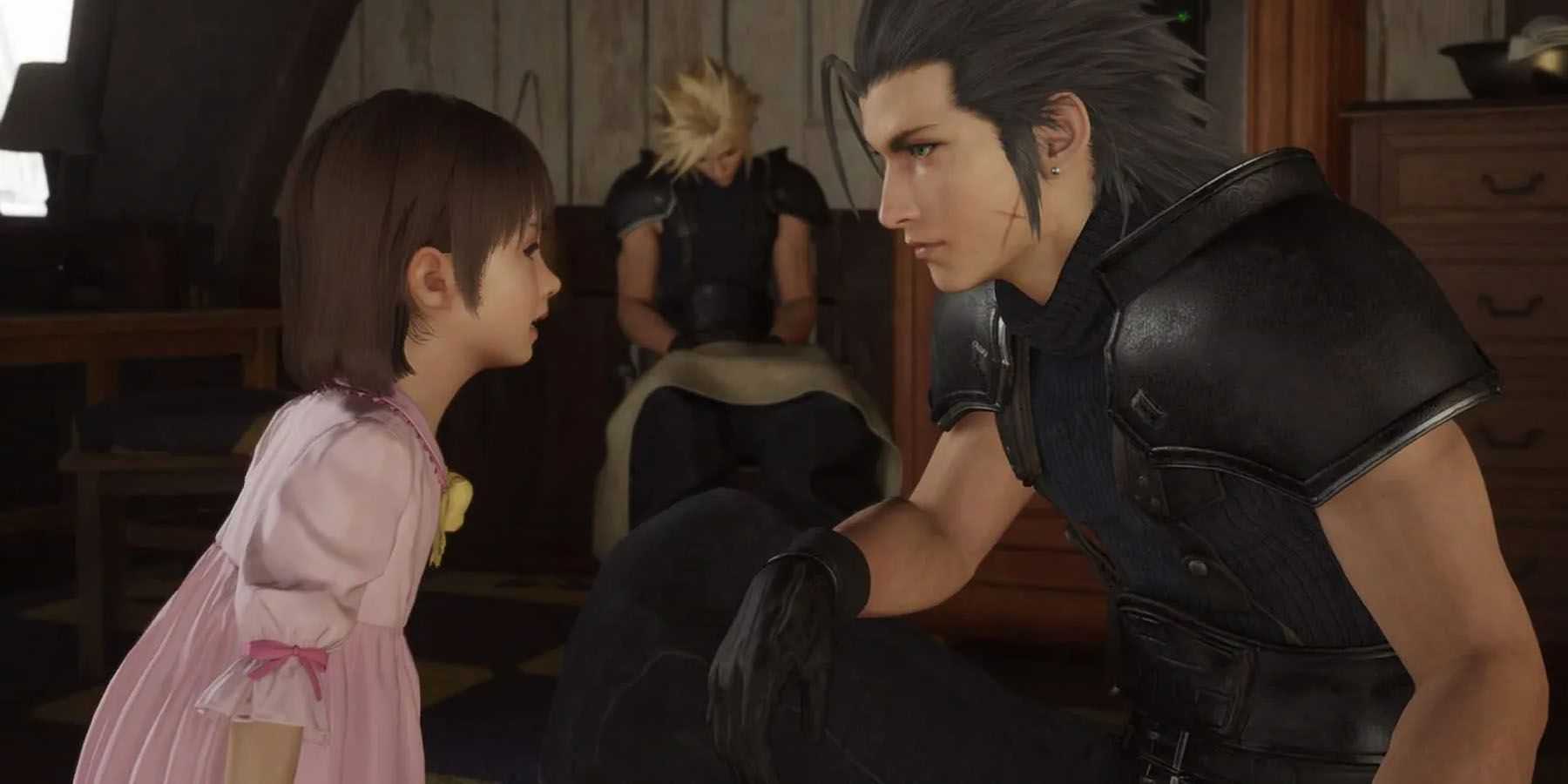 A screenshot of Zack Fair talking to a little girl while Cloud Strife sits in the background in Final Fantasy 7 Rebirth.