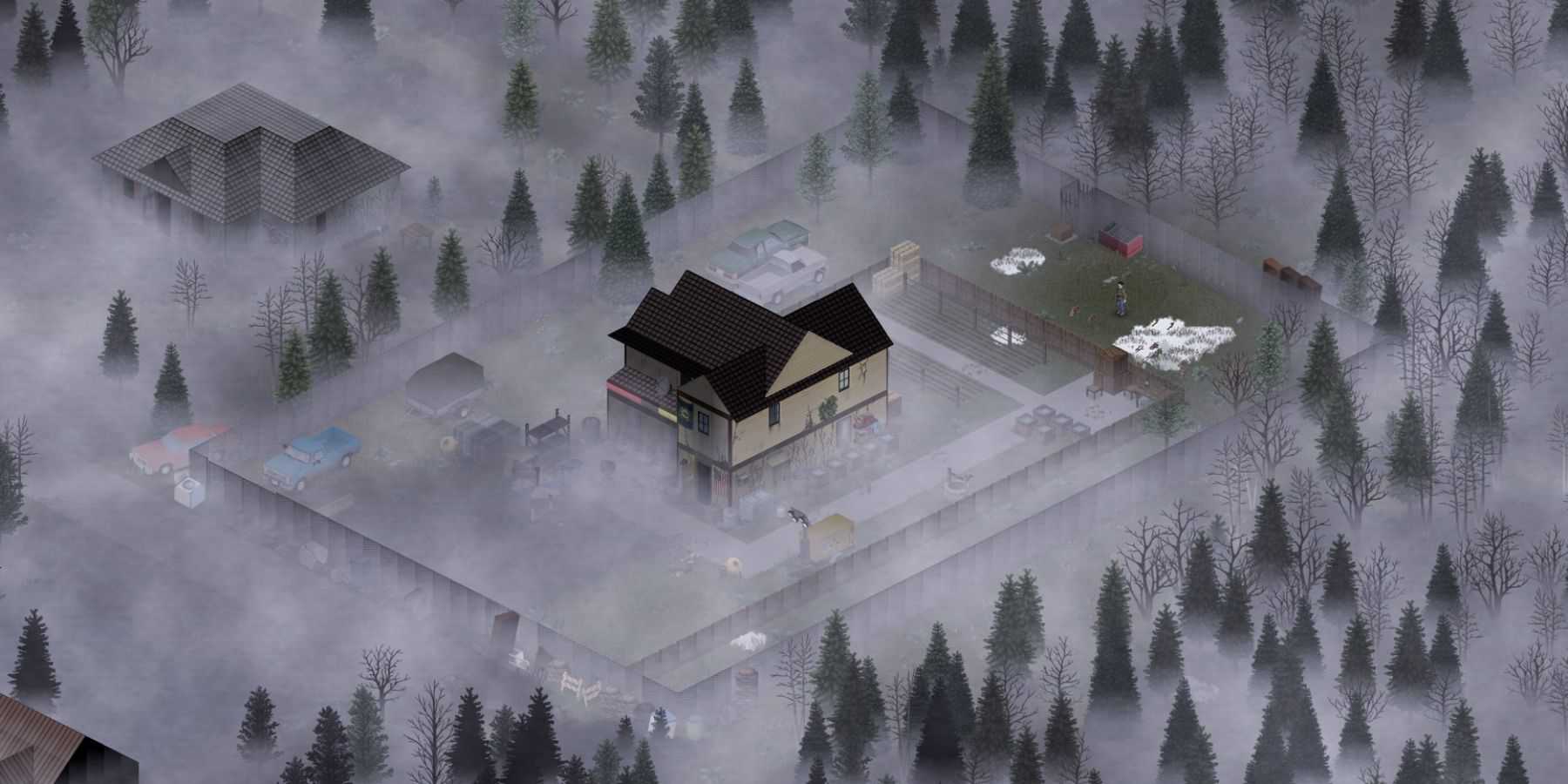 Isometric view of a fortified house in a foggy forest with scattered vehicles and items in Project Zomboid