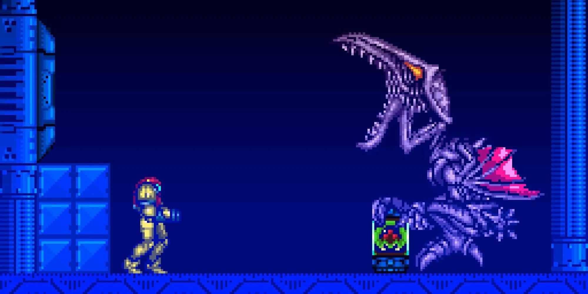 Samus encontrando Ridley e o bebê sequestrado em Super Metroid