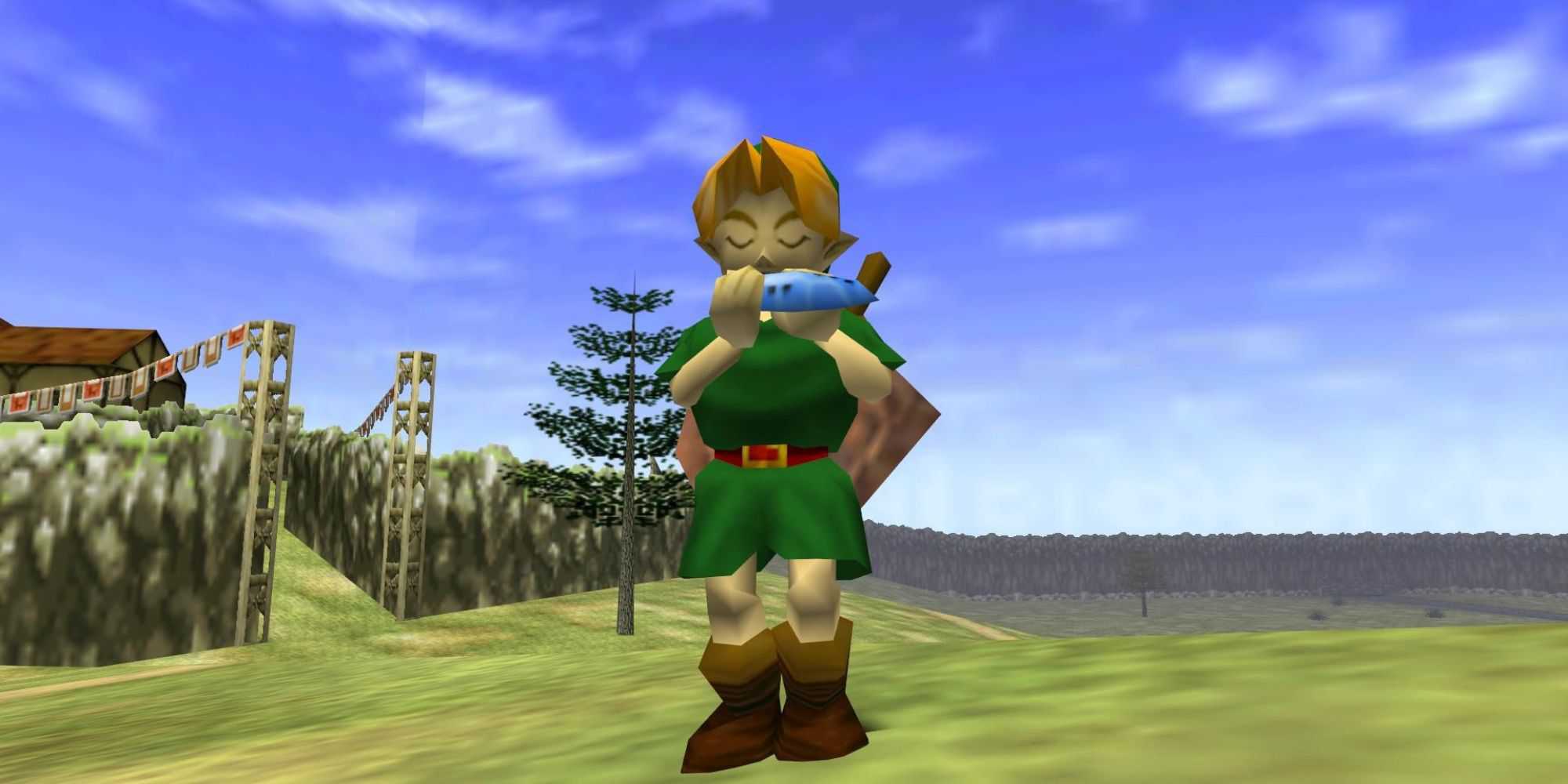 Young Link interpreta a Ocarina em Hyrule Field em The Legend of Zelda: Ocarina of Time