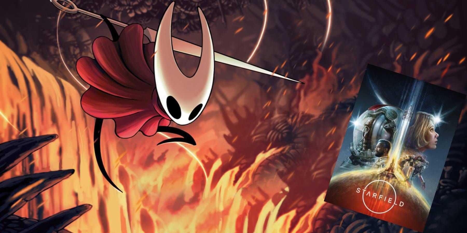 Hornet de Hollow Knight: Silksong pulando na arte da caixa de Starfield