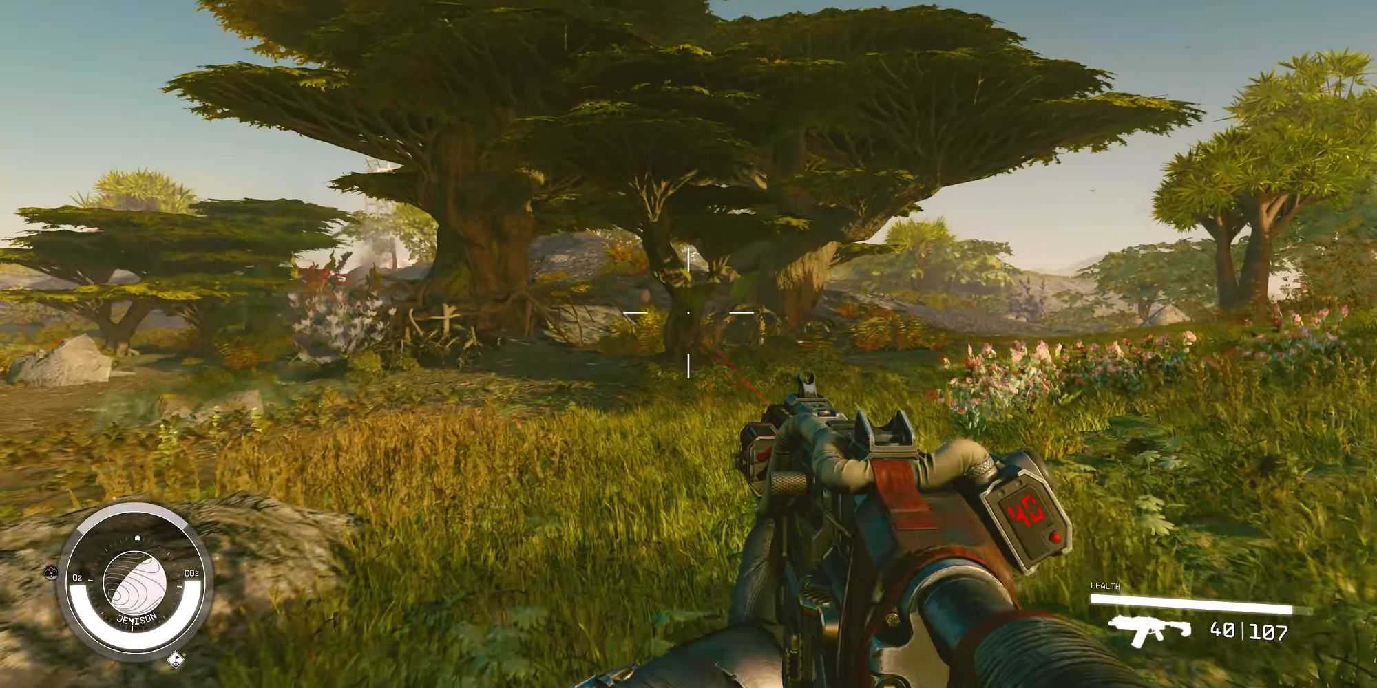 Captura de tela de um jogador explorando um planeta tropical em Starfield