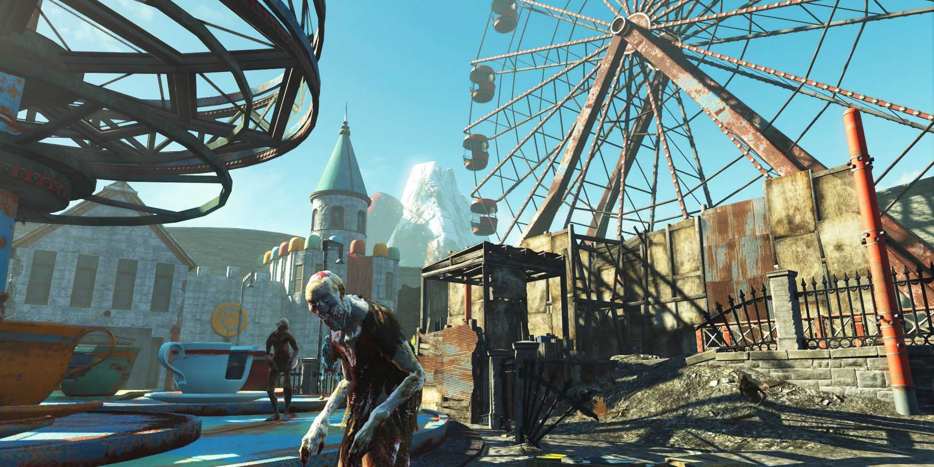 Um ghoul vagando pelo mundo durante o dia em Fallout 4: Nuka-World