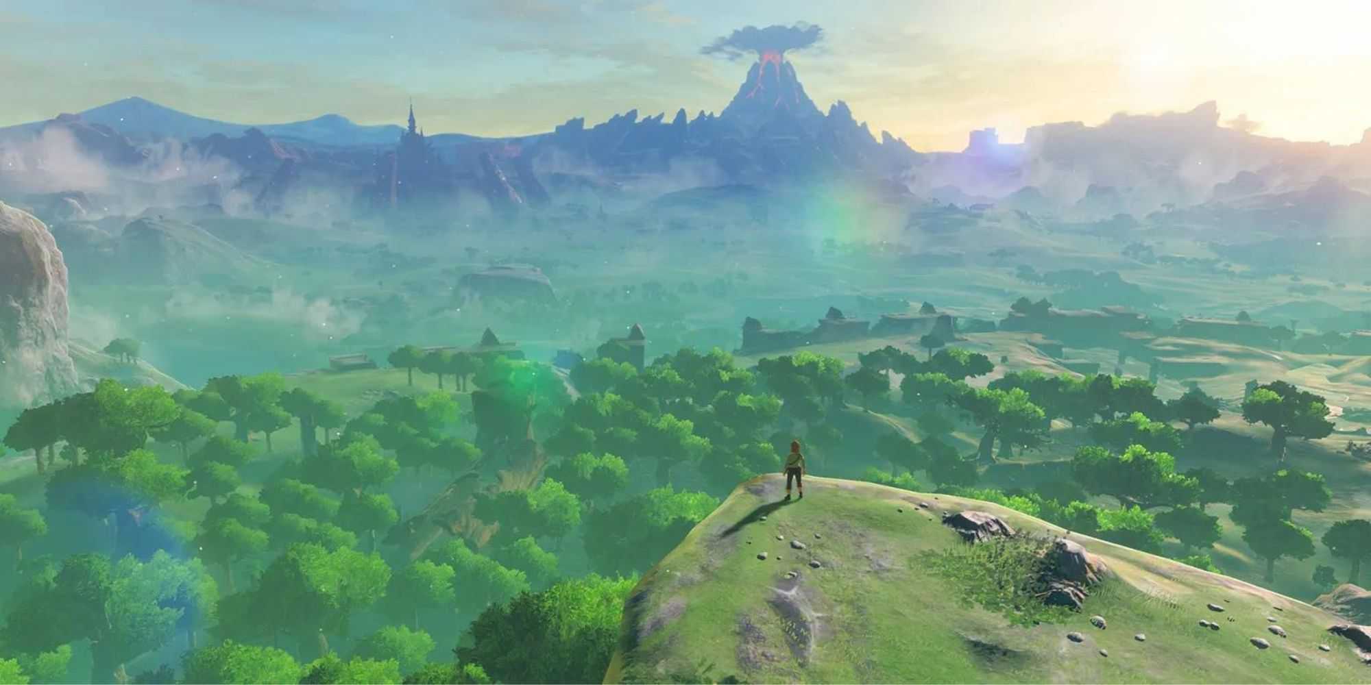 Link acorda e dá uma olhada no enorme mundo aberto do jogo em The Legend of Zelda: Breath of the Wild