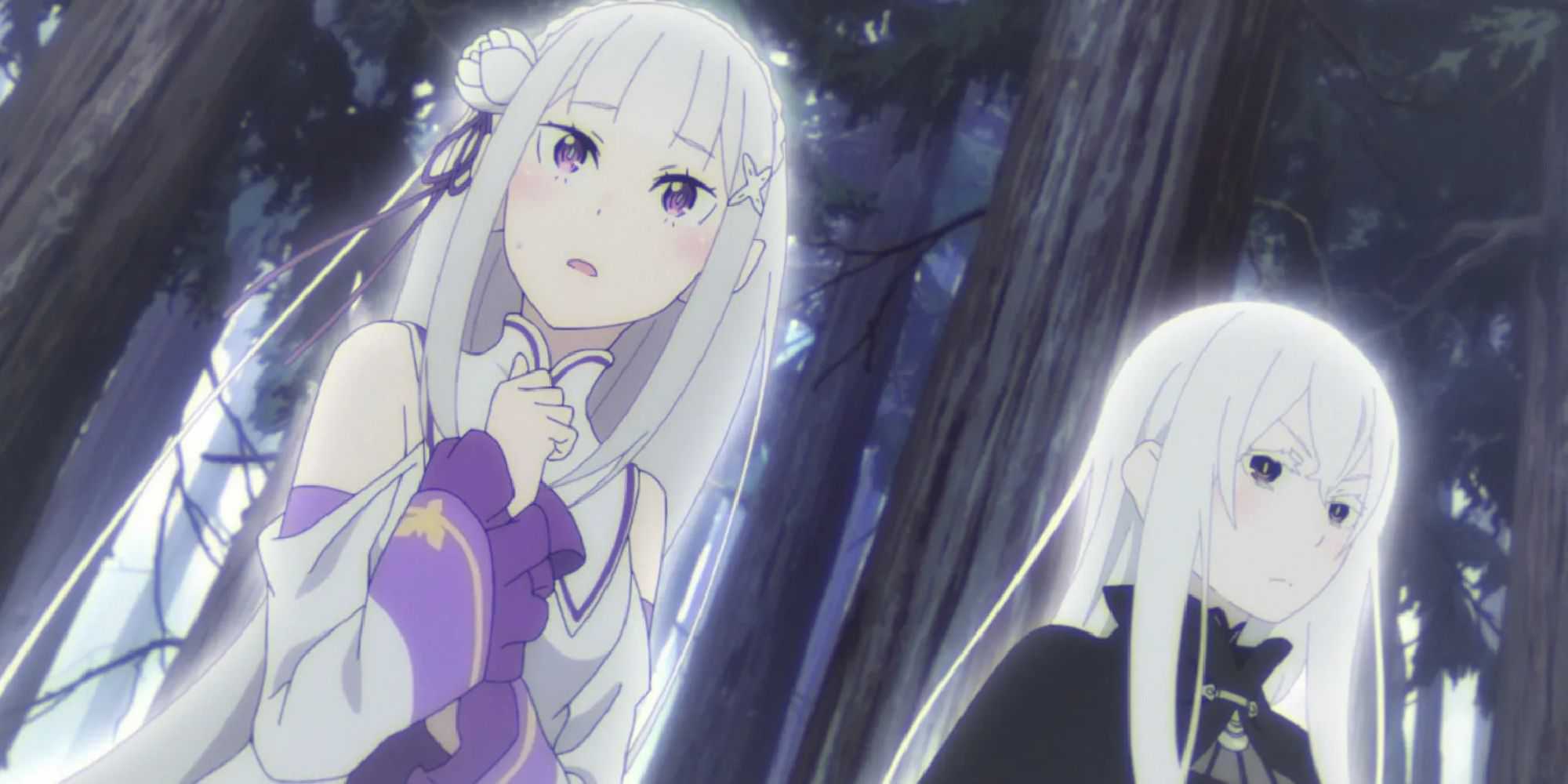 Two white haired girls walk through a forest, a subtle glow surrounding their bodies