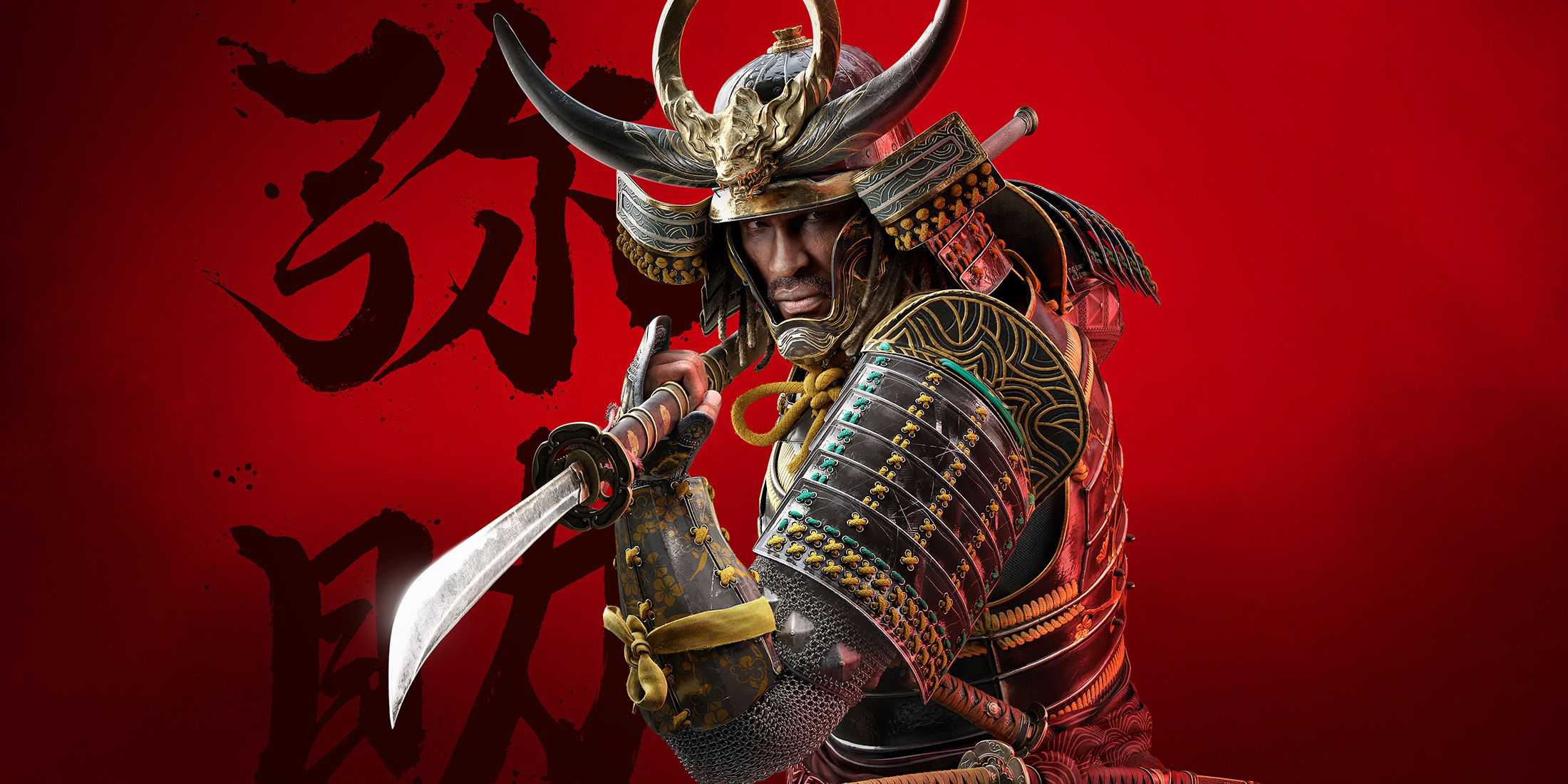 Assassin's Creed Shadows Yasuke with katana 2x1 artwork red background