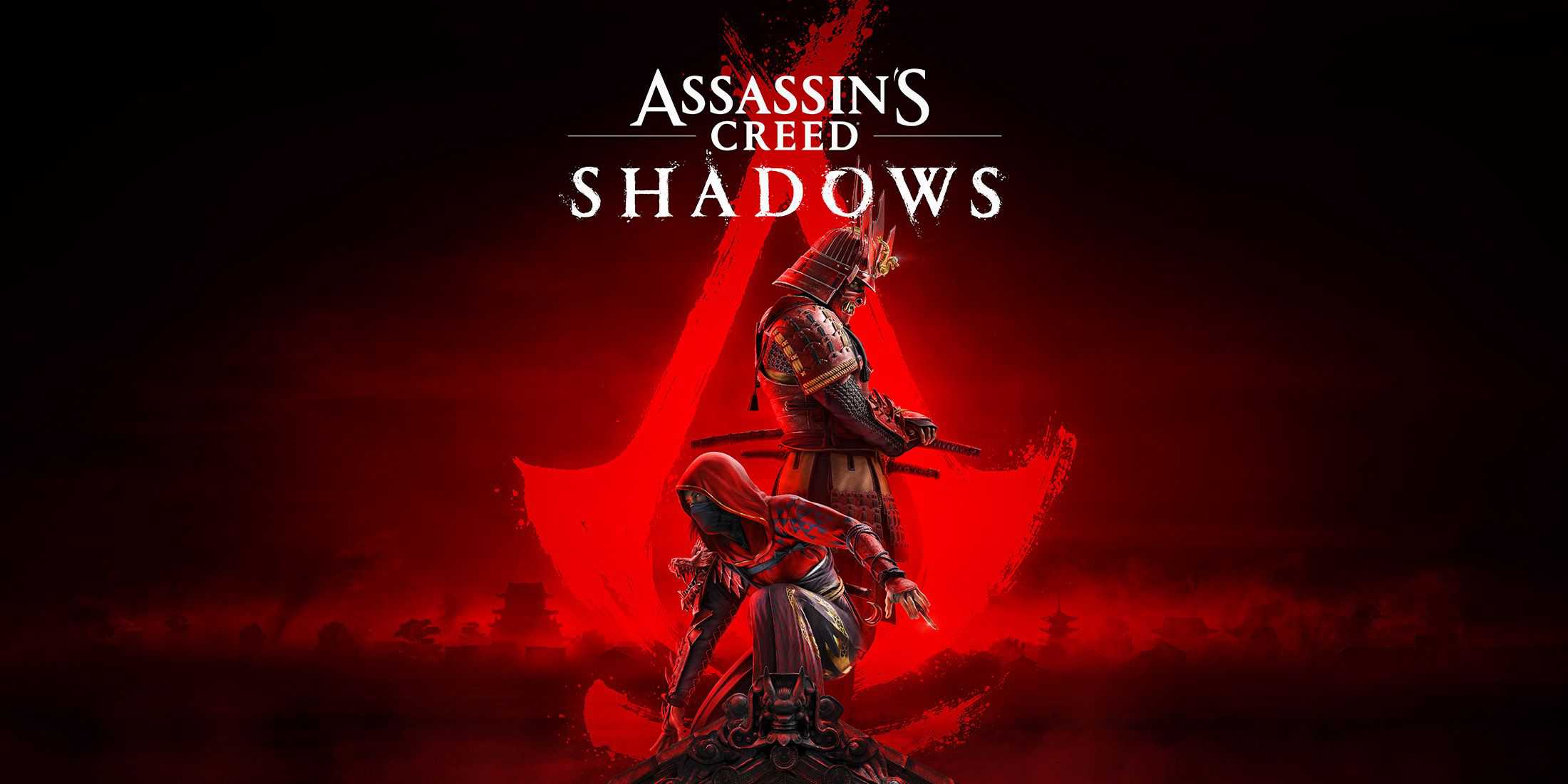 Capa do Assassin's Creed Shadows Ultimate Edition 2x1 crop Naoe Yasuke em fundo vermelho