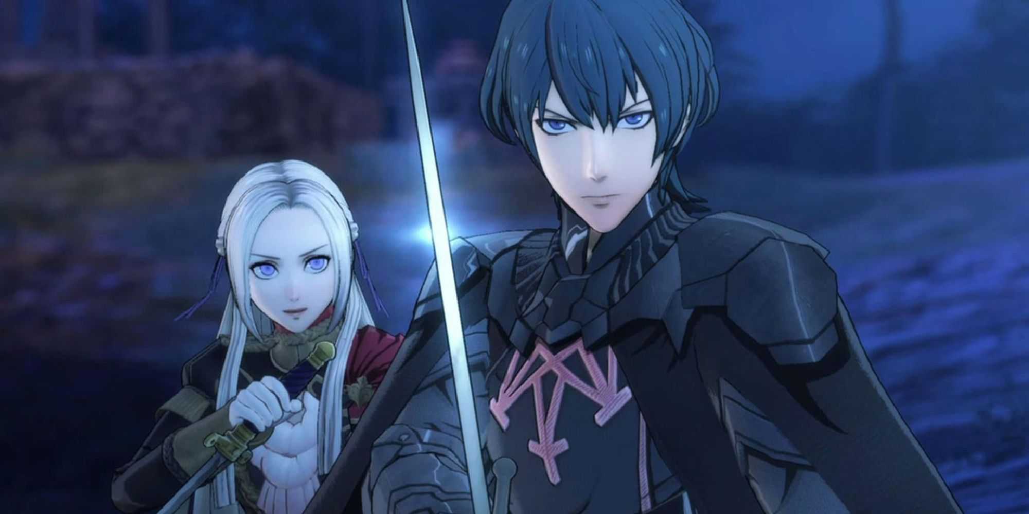 Byleth with his sword drawn to defend Edelgard in a FE: Three Houses cutscene