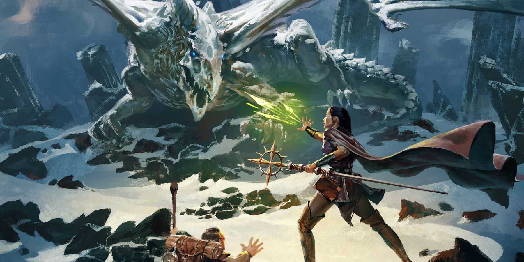 Official art from Dungeons and Dragons showing a magic user casting a spell against a white dragon.