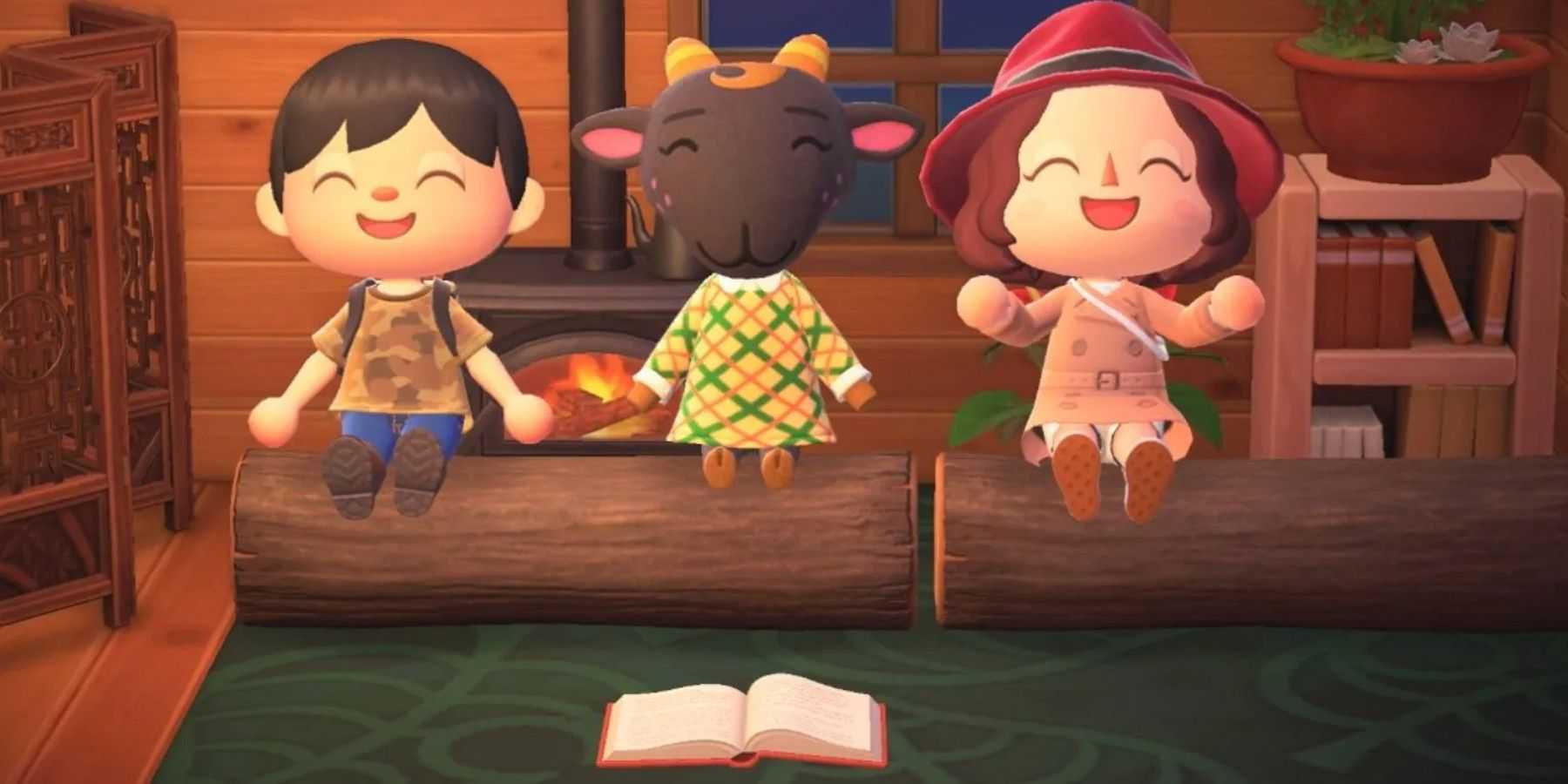 three happy animal crossing villagers indoors