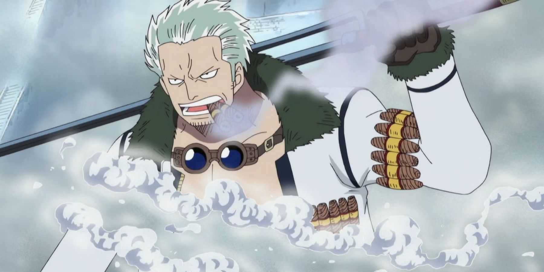 Smoker evitando um ataque com seus poderes de Logia em One Piece