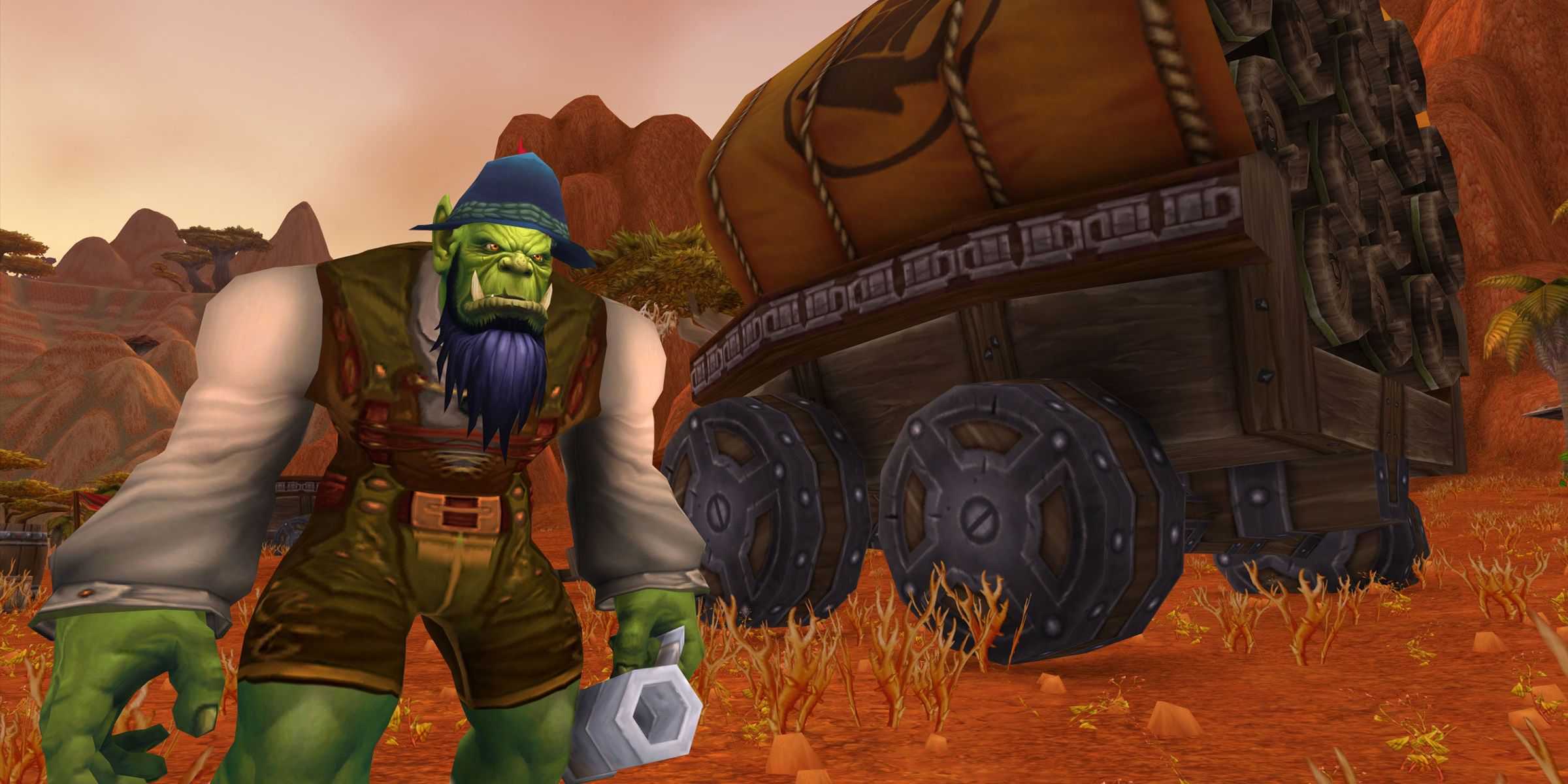 an orc outside orgrimmar in durotar with brewfest stuff in wow