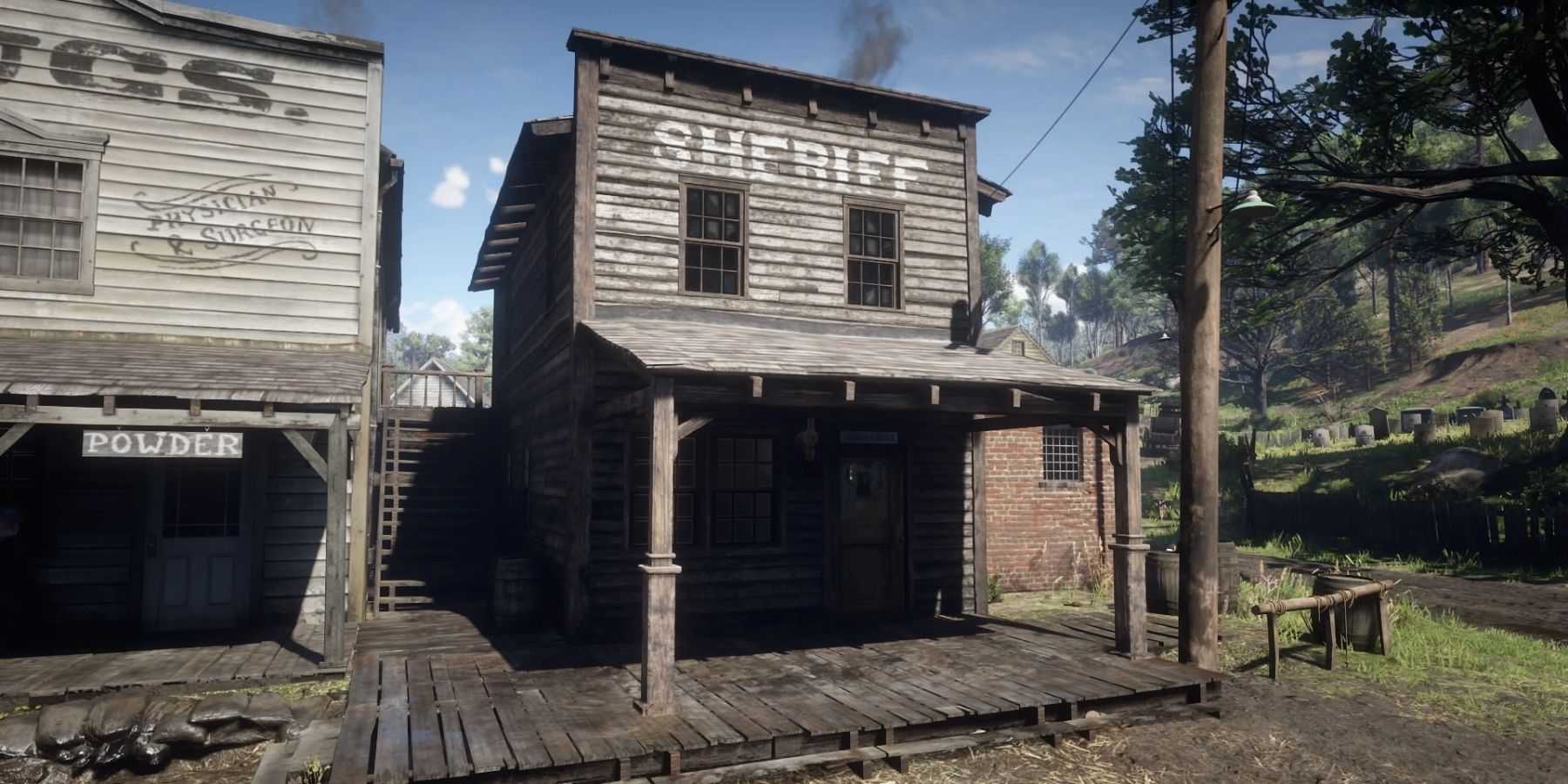 A screenshot from Red Dead Redemption 2, showing the Sheriff's Office in Valentine.