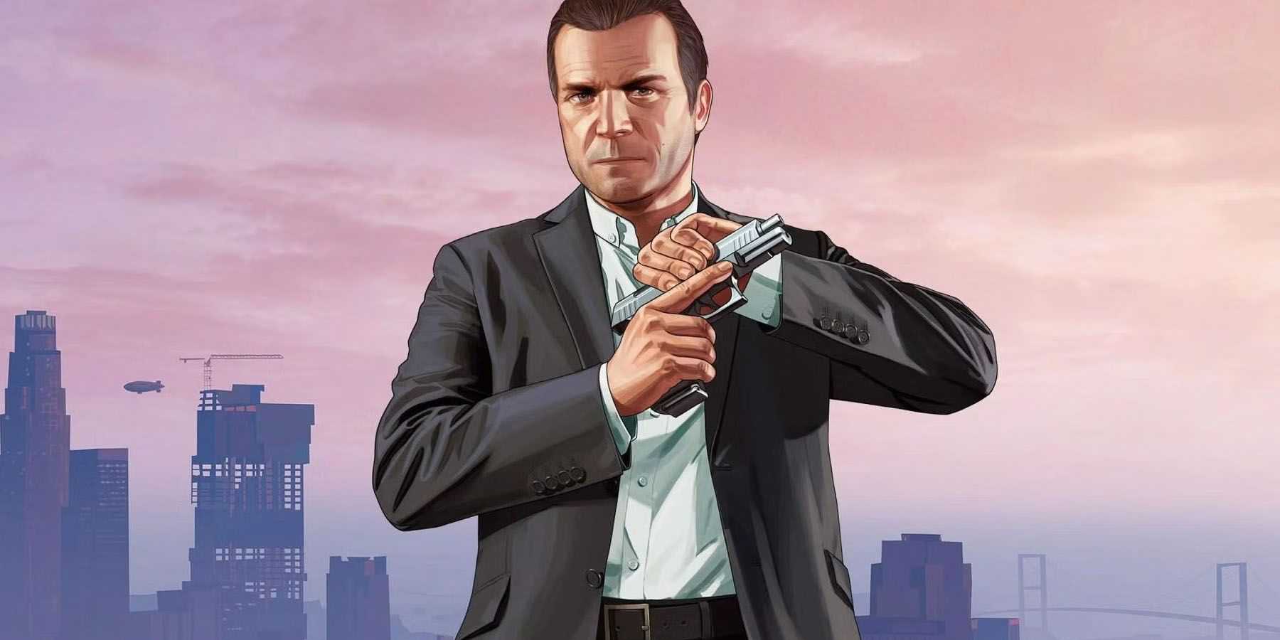 Uma imagem promocional de Michael De Santa de Grand Theft Auto 5.