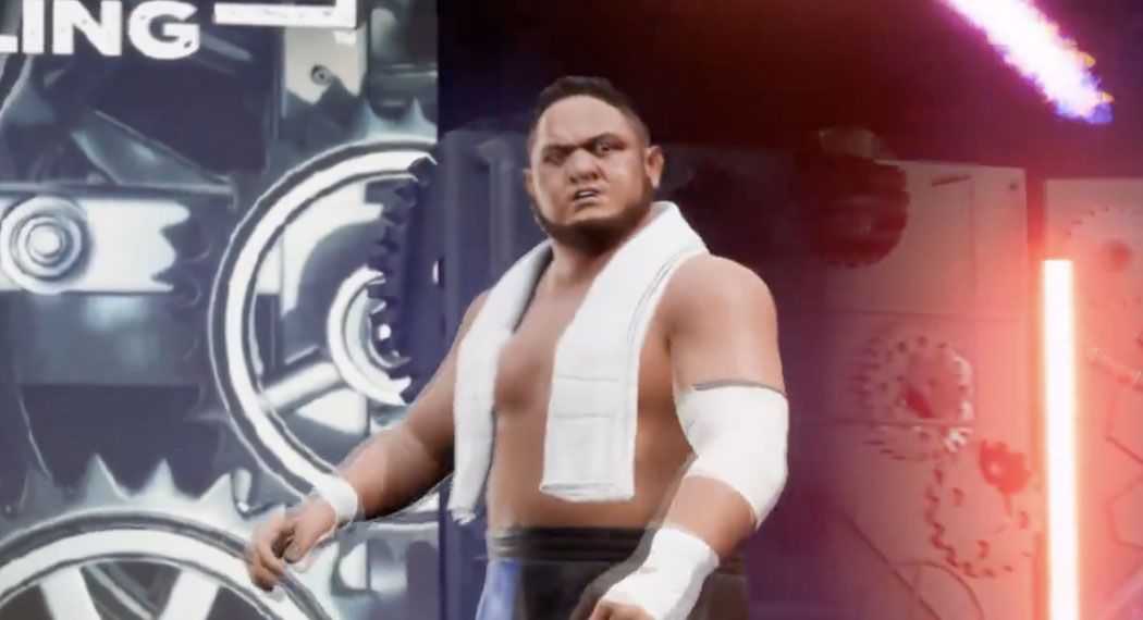 A screenshot of Samoa Joe walking out to the ring in AEW Fight Forever.