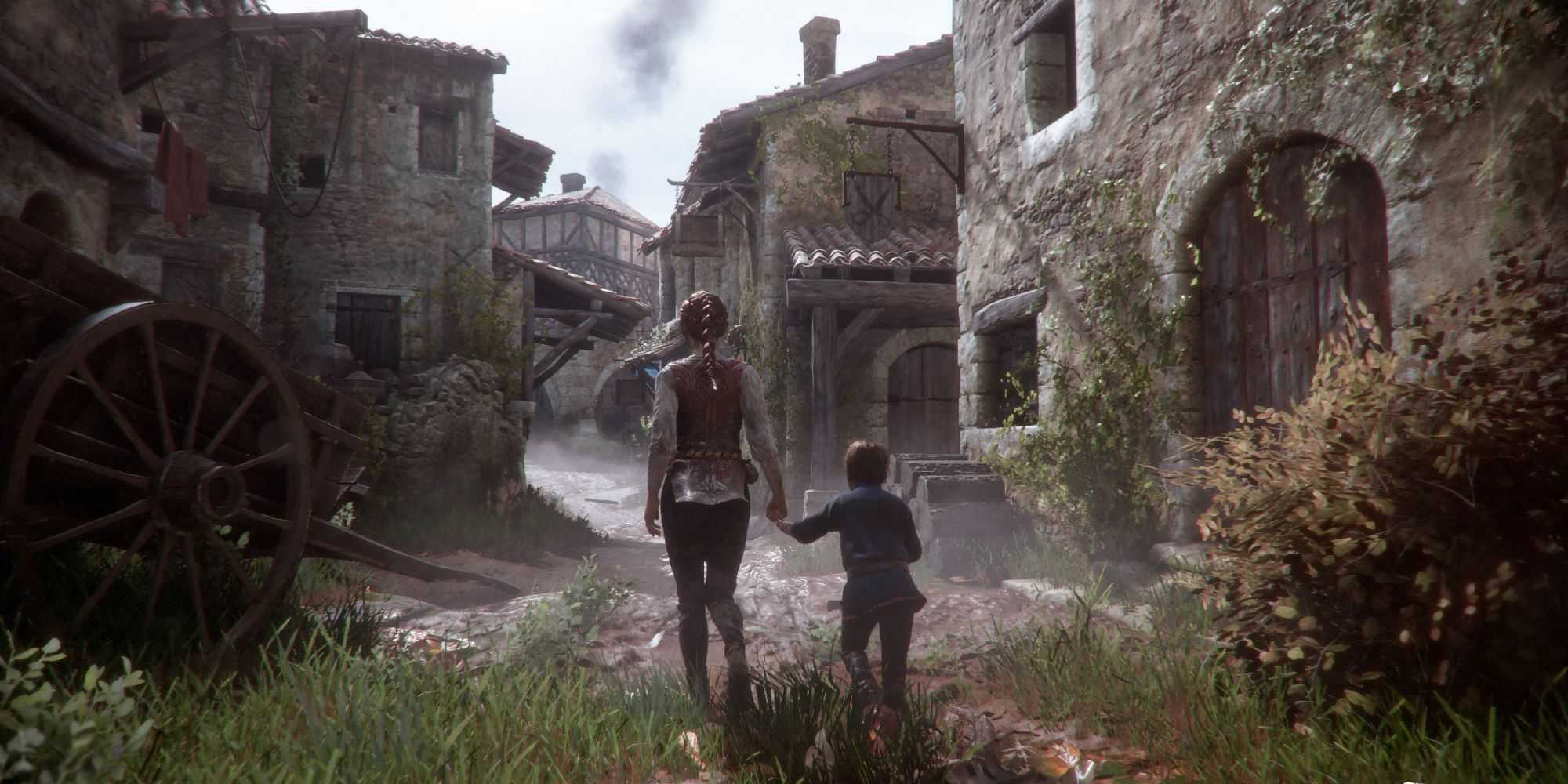 Amicia e Hugo de A Plague Tale: Innocence caminhando pela França rural