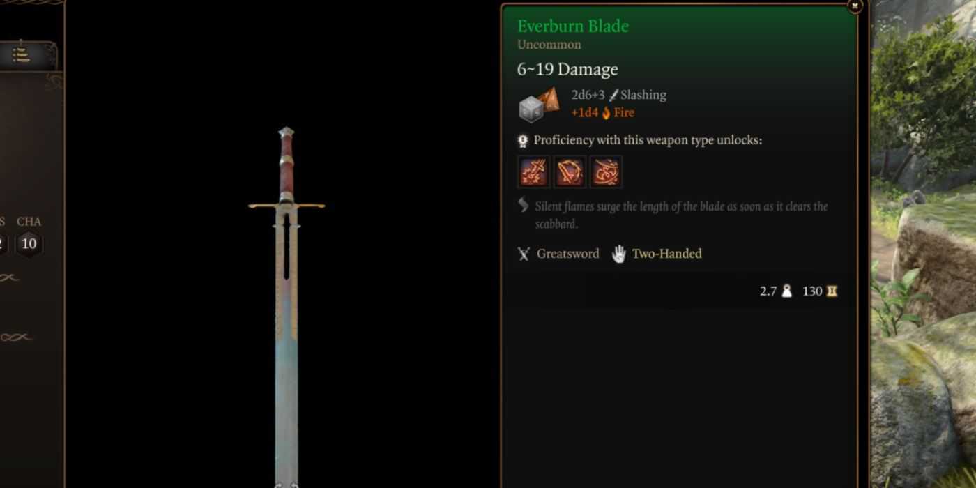 Descrição do item do jogo Baldur's Gate 3 Everburn Blade