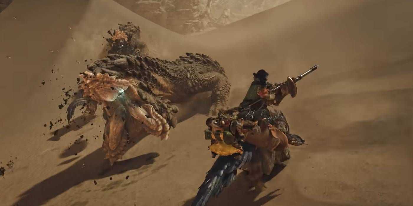 A hunter with a bowgun riding a Seikret in Monster Hunter Wilds