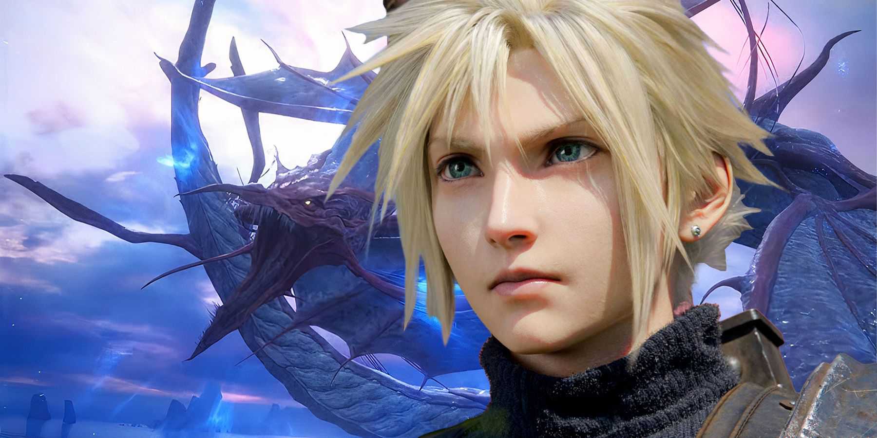 Cloud from Final Fantasy 7 Rebirth in front of Leviathan from Final Fantasy 16 The Rising Tide